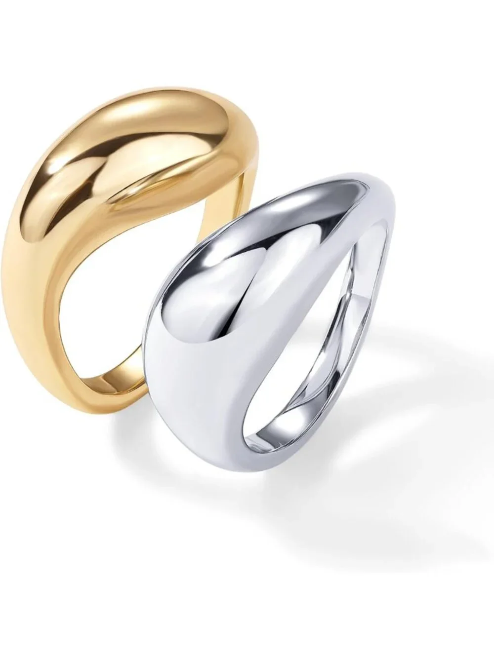Chunky Two-Tone Wavy Dome Rings Set | 14K Gold Plated Statement Jewelry for